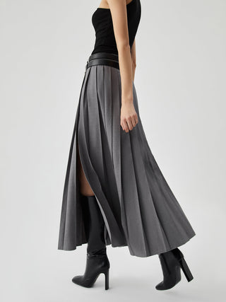 Pleated Split Maxi Skirt Without Belt