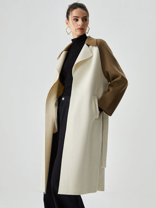 Wool-blend Two Tone Collar Pocket Tie Coat