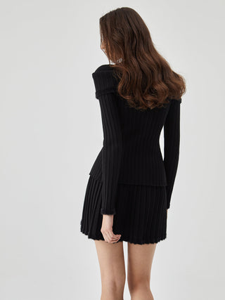 Overfold Button Pleated Two Piece Knit Skirt Set