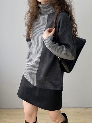 Two Tone Colorblock High Neck Ribbed Knit Sweater