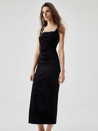 Rhinestone Beaded Trim Velvet Split Cami Midi Dress