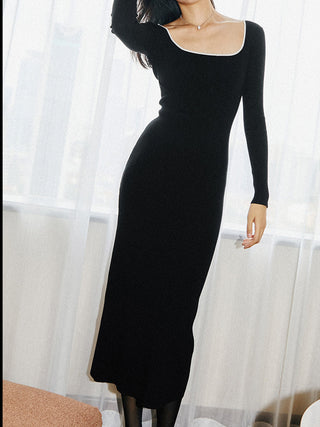 Contrast Trim Low Cut Knit Long Dress