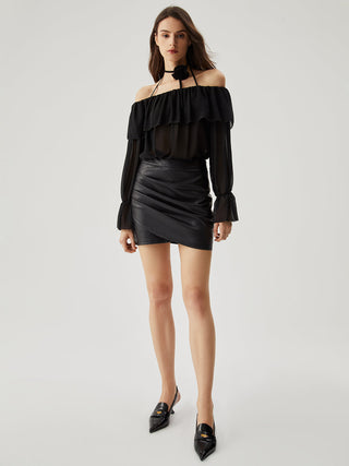 Chiffon Semi-sheer Ruffled Trim Off Shoulder Halter Blouse