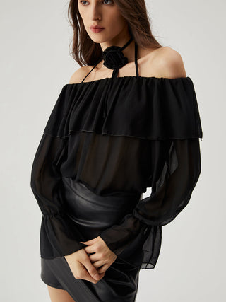 Chiffon Semi-sheer Ruffled Trim Off Shoulder Halter Blouse