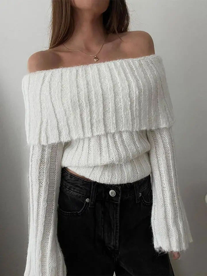 Ribbed Knit Overfold Off Shoulder Knit Top