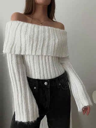 Ribbed Knit Overfold Off Shoulder Knit Top