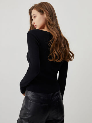 Solid Asymmetric Cut Out Long Sleeve Knit Top