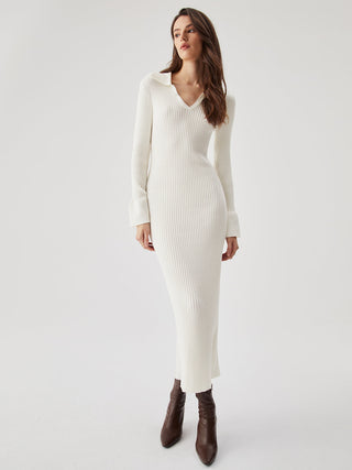 Ribbed Knit Long Sleeve V-neck Collar Long Dress