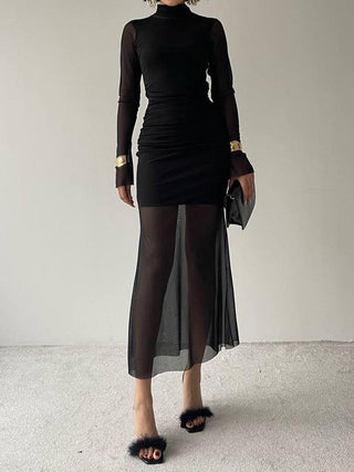 Semi-sheer Mesh Long Sleeve Midi Dress