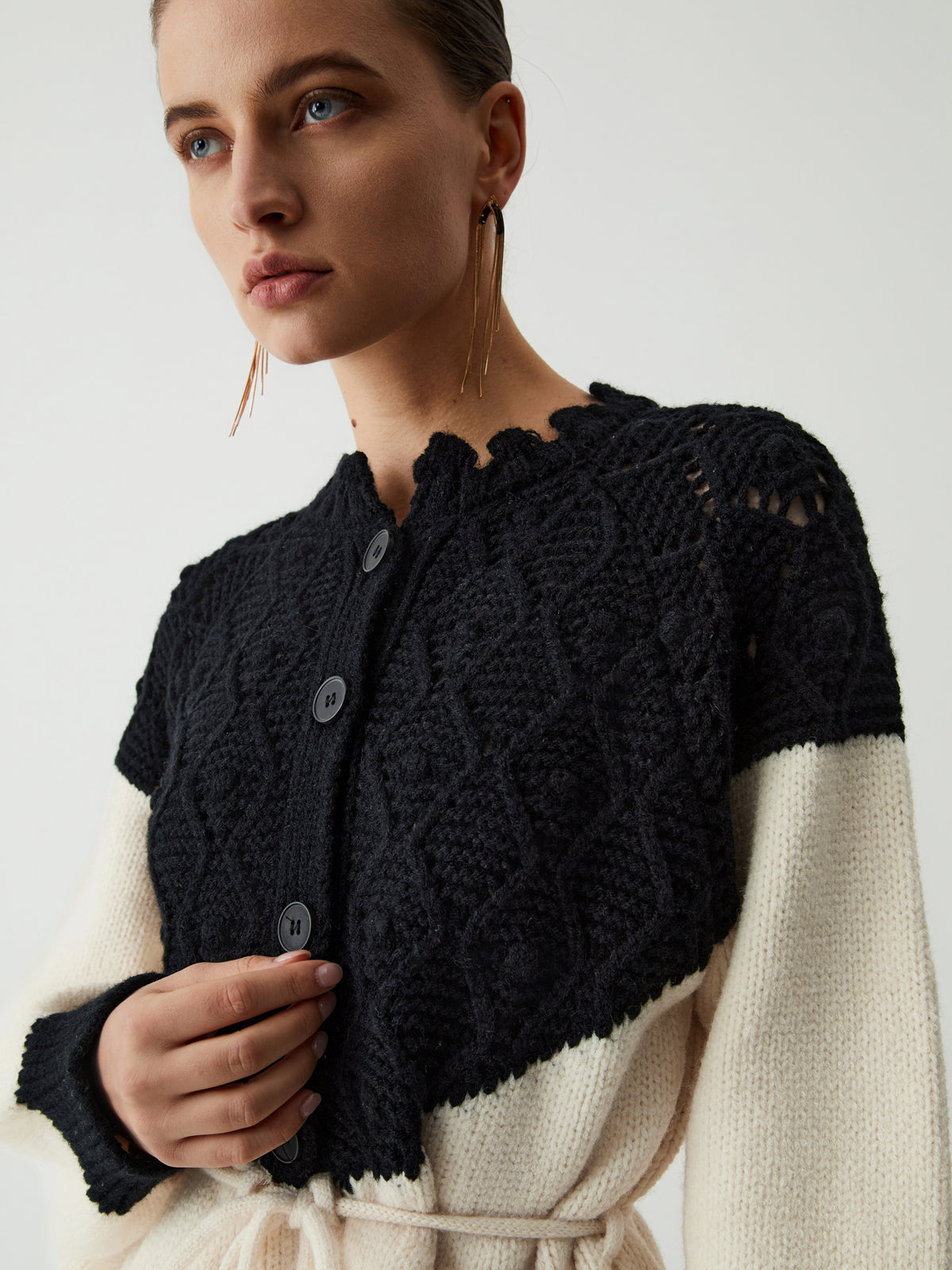 Pointelle Knit Patchwork Tie Front Sweater