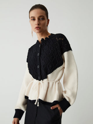 Pointelle Knit Patchwork Tie Front Sweater