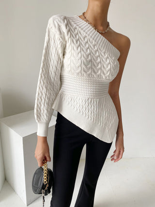 One Shoulder Asymmetrical Cable Knit Sweater