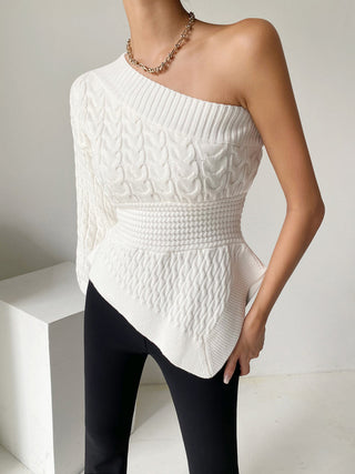 One Shoulder Asymmetrical Cable Knit Sweater