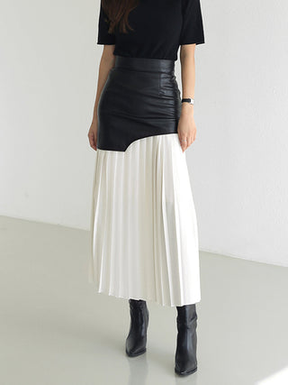 Asymmetric Patchwork Faux Leather Chiffon Pleated Midi Skirt