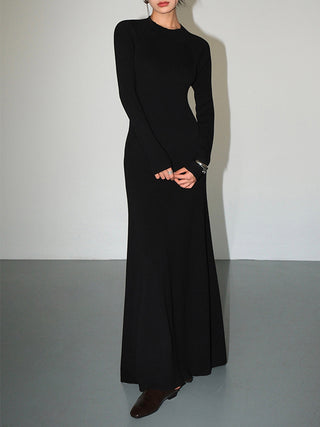 Solid Knit Cut Out Long Sleeve Crew Neck Maxi Dress