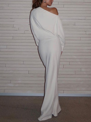 Asymmetrical Off Shoulder Solid Long Sleeve Maxi Dress