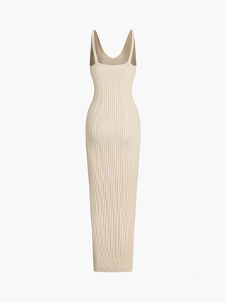 Ribbed Knit V-neck Hollow Cami Maxi Dress