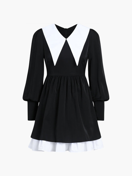 Patchwork Pleated Collar Mini Dress