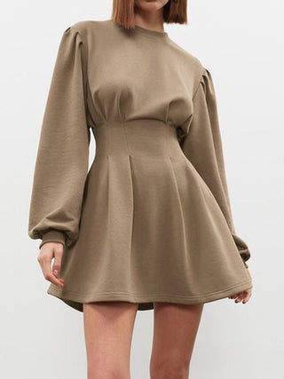 Knit Pleated Long Sleeve Crew Neck Mini Dress