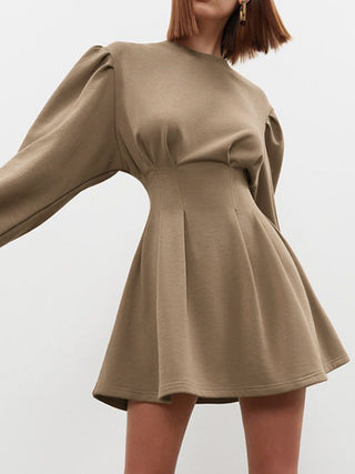 Knit Pleated Long Sleeve Crew Neck Mini Dress