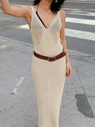 Ribbed Knit V-neck Hollow Cami Maxi Dress