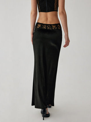 Velvet Lace Patchwork Ruched Maxi Skirt