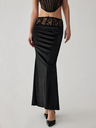 Velvet Lace Patchwork Ruched Maxi Skirt