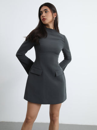 Long Sleeve Pocket Decor Short Dress