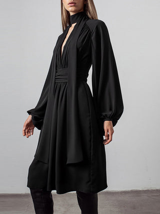 Bow Puffy Sleeve Chiffon Midi  Dress