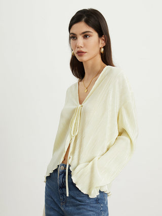 Textured Ruffle Trim Tied Blouse