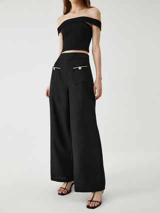 Contrast Trim Pocket Wide Leg Pants