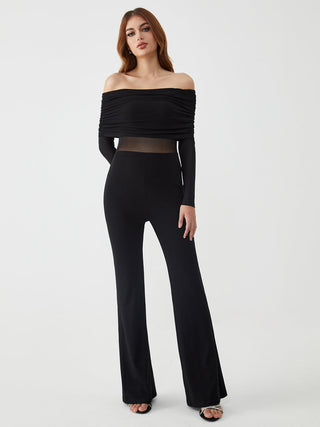 Overfold Off-Shoulder Mesh Long Sleeve Jumpsuit