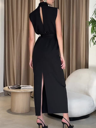 Solid Slit Belted Turtleneck Long Dress