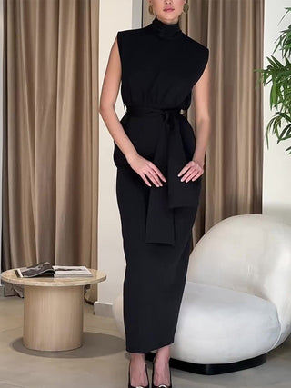 Solid Slit Belted Turtleneck Long Dress