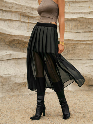 Pleated Double-Layered Mesh Midi Skirt