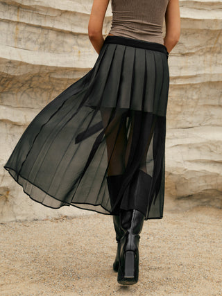 Pleated Double-Layered Mesh Midi Skirt