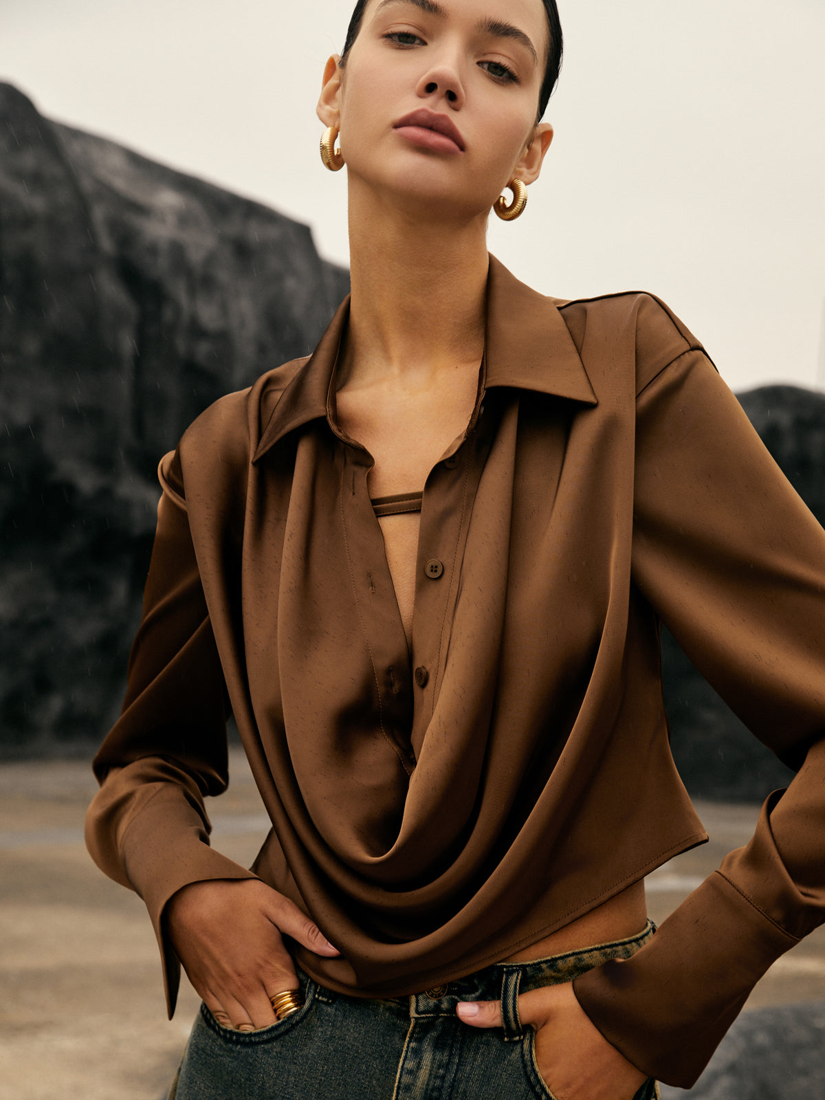 Button Cowl Neck Long Sleeve Shirt