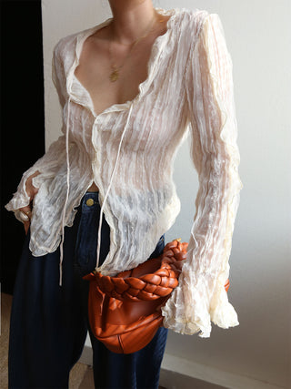 Chiffon Sheer Lettuce Trim Long Sleeve Shirt