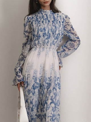 Plant Pattern Printed Pleated Long Dress