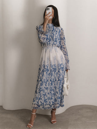 Plant Pattern Printed Pleated Long Dress