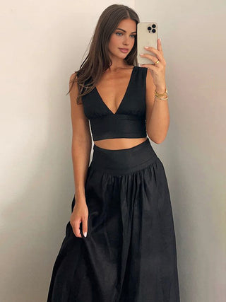 Solid Tie Knot V Neck Skirt Set