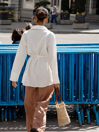 Cotton & Linen Long Sleeve Tied Blouse