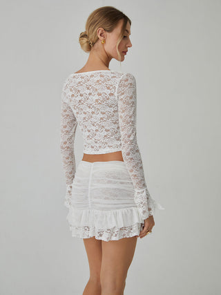 Lace Long Sleeve Top With Pleated Mini Skirt Set