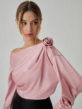 Romantic Satin Rosette Long Sleeve Blouse