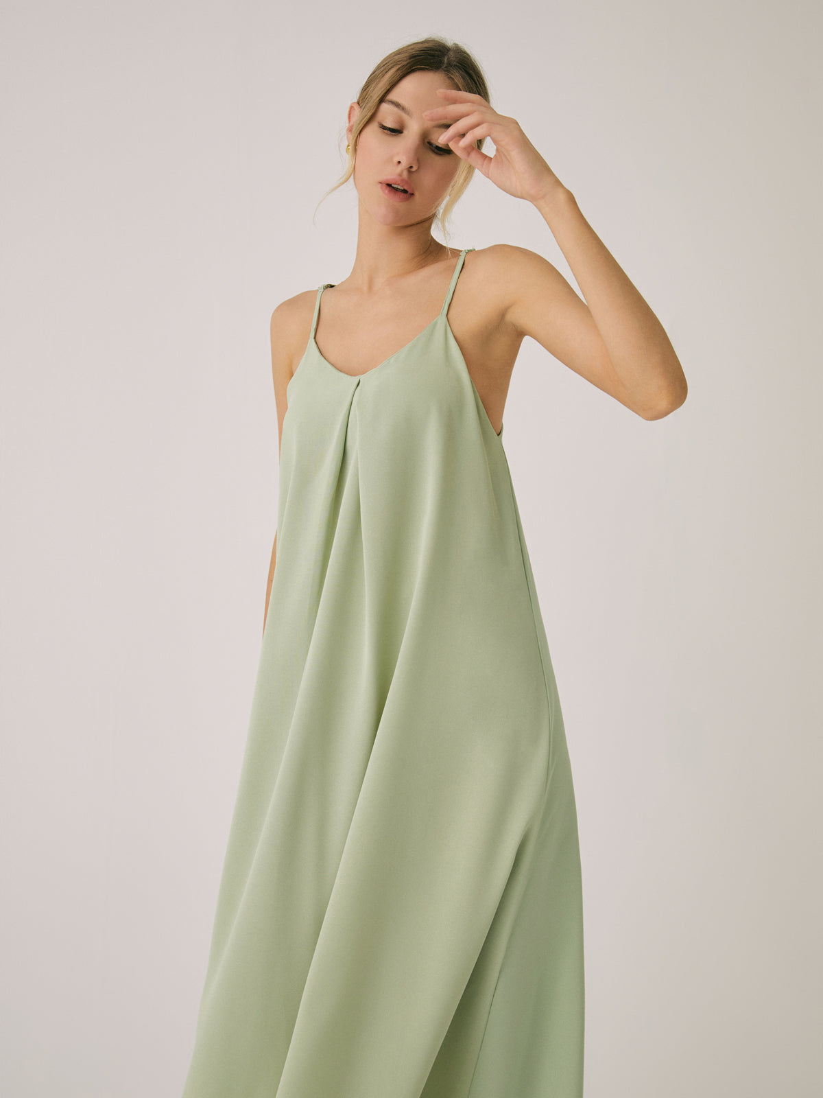 Cotton Blends Pleated Long Dress