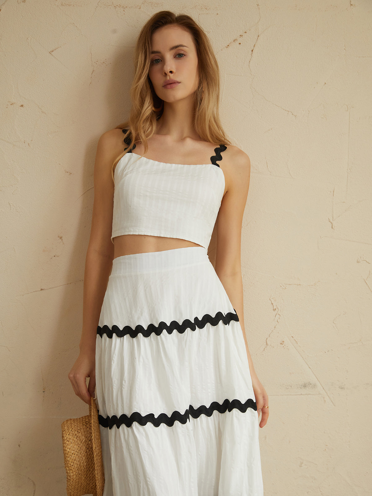 Cotton Contrast Trim Patchwork Skirt Set