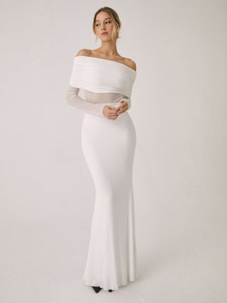 Overfold Off-Shoulder Mesh Long Sleeve Long Dress