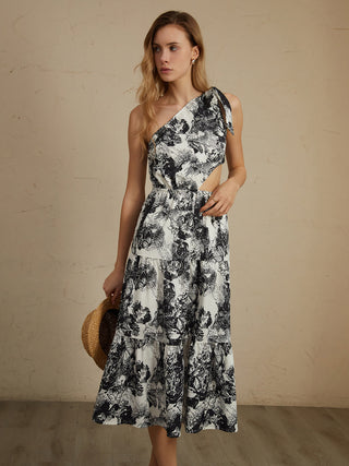 Asymmetric Cutout  Floral Print Midi Dress