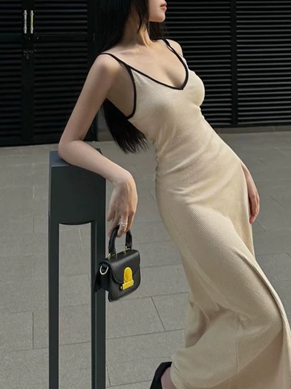 Contrast Trim V Neck Long Dress