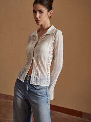 Semi-Sheer Lace Floral Long Sleeve Shirt